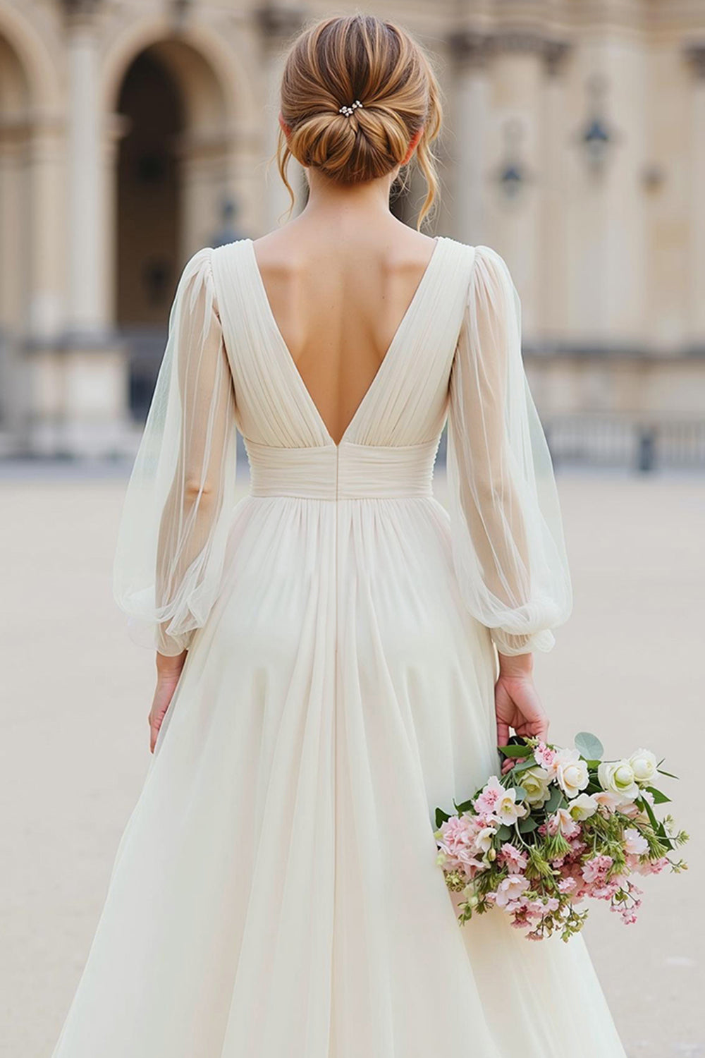 White V-Neck A-Line Long Sleeve Wedding Dress