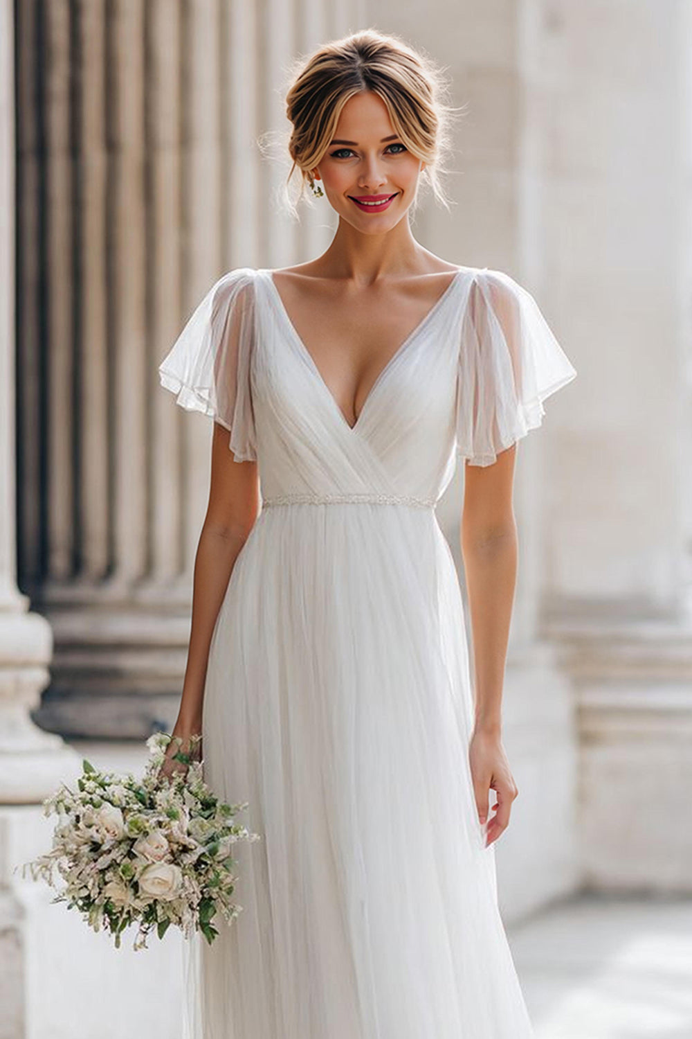 Ivory V-Neck A-Line Tulle Wedding Dress