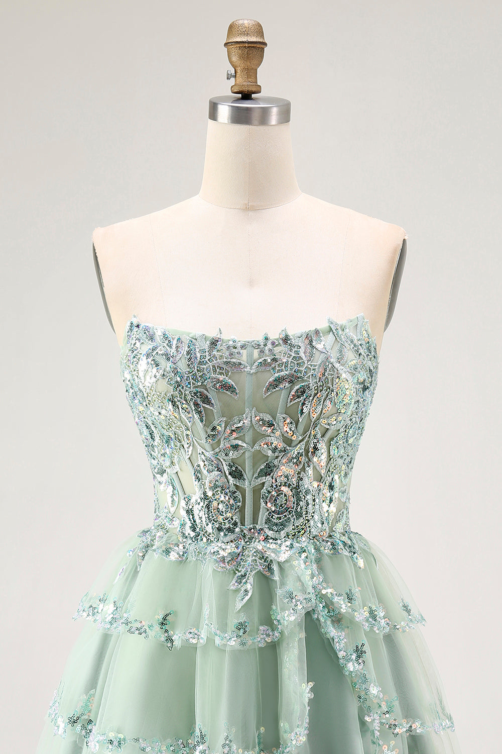 Dusty Sage Corset A Line Sequin Tulle Strapless Homecoming Dress