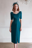 Peacock Blue Sheath Midi Mother Of The Bride Dress With Slit