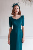 Peacock Blue Sheath Midi Mother Of The Bride Dress With Slit