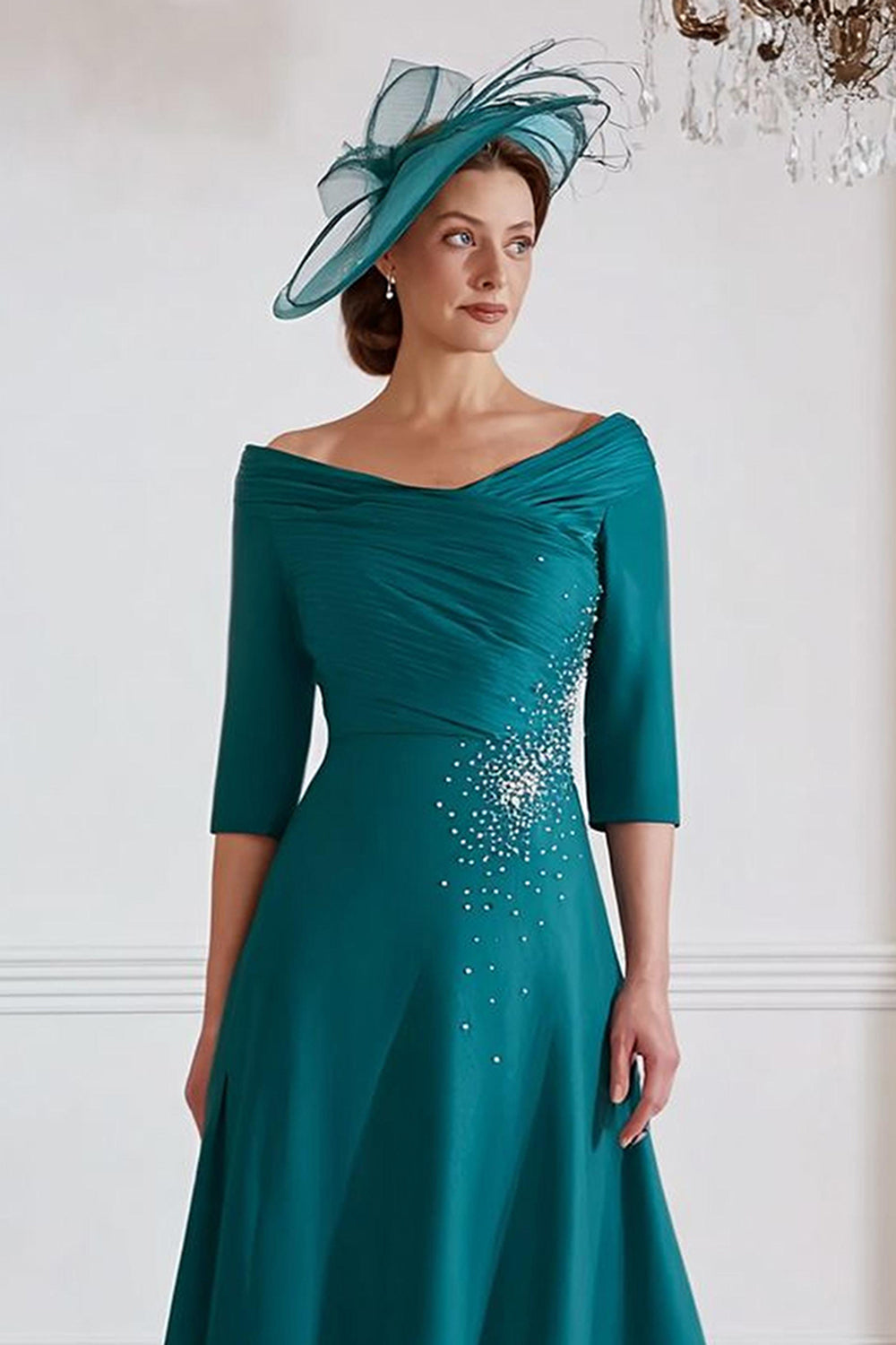 Peacock Green A-Line Midi Mother Of The Bride Dress With Beading