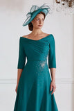 Peacock Green A-Line Midi Mother Of The Bride Dress With Beading