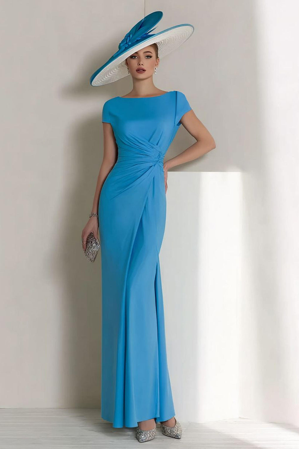 Blue Sheath Ruched Mother Of The Bride Dress