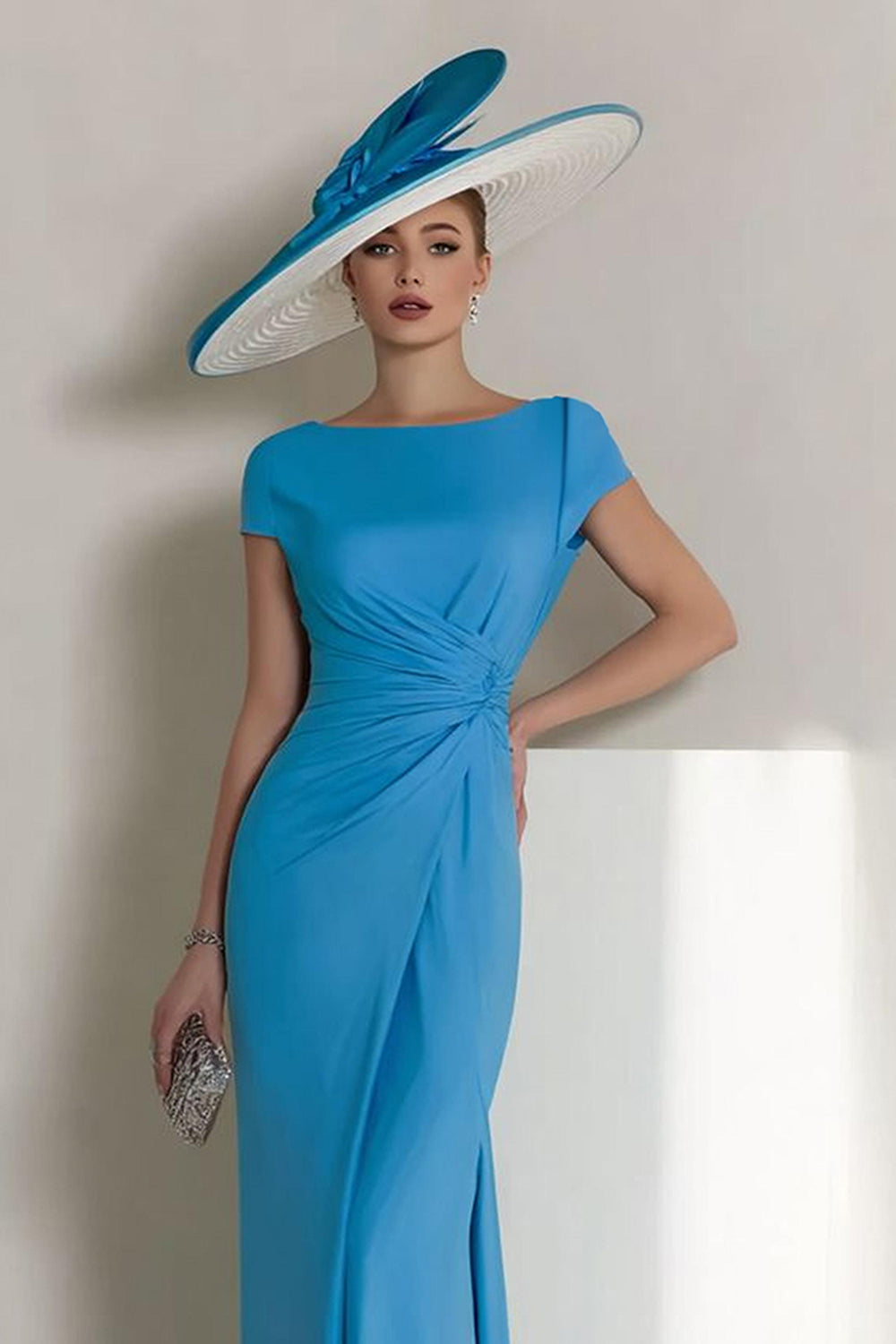 Blue Sheath Ruched Mother Of The Bride Dress