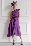 One Shoulder Purple Midi Mother Of The Bride Dress With Bow