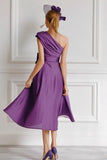 One Shoulder Purple Midi Mother Of The Bride Dress With Bow
