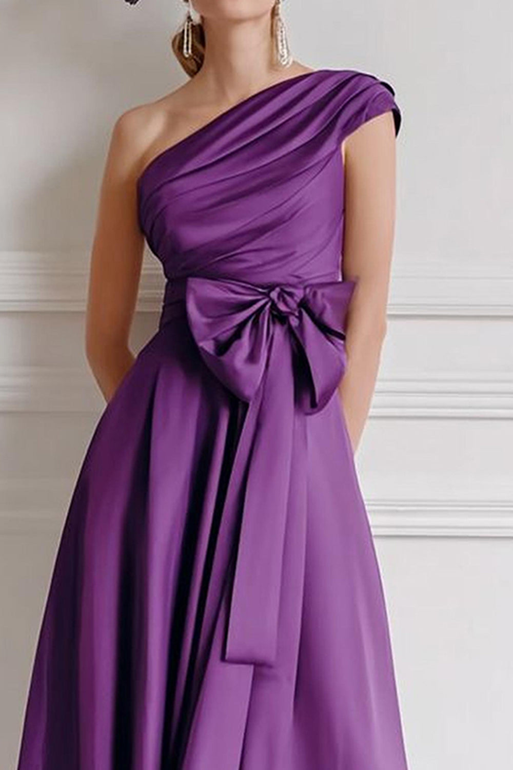 One Shoulder Purple Midi Mother Of The Bride Dress With Bow