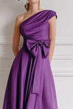 One Shoulder Purple Midi Mother Of The Bride Dress With Bow