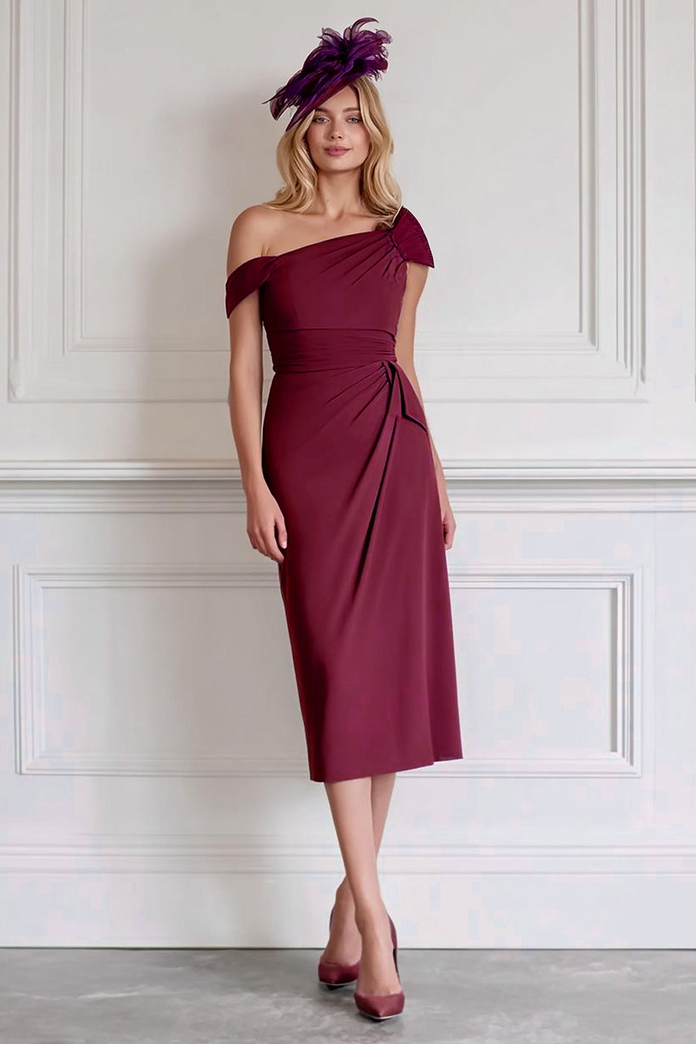 Burgundy Off The Shoulder Sheath Midi Mother Of The Bride Dress