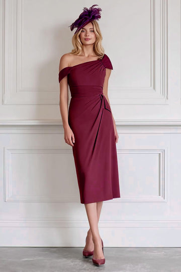Burgundy Off The Shoulder Sheath Midi Mother Of The Bride Dress