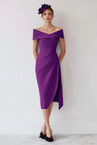 Off The Shoulder Grape Pencil Midi Mother Of The Bride Dress With Slit