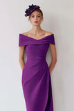 Off The Shoulder Grape Pencil Midi Mother Of The Bride Dress With Slit