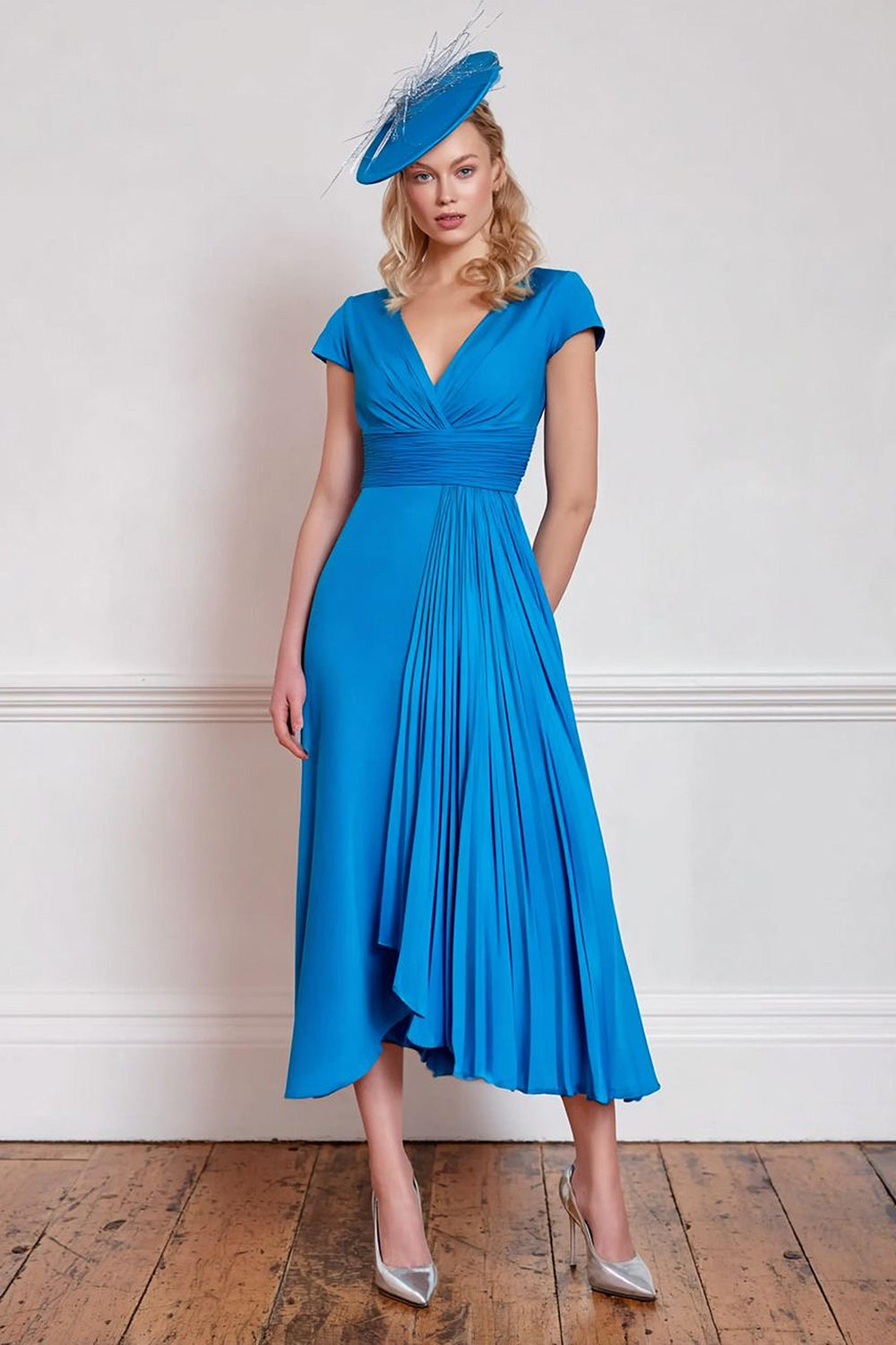 Blue A-Line Ruched Midi Mother Of The Bride Dress