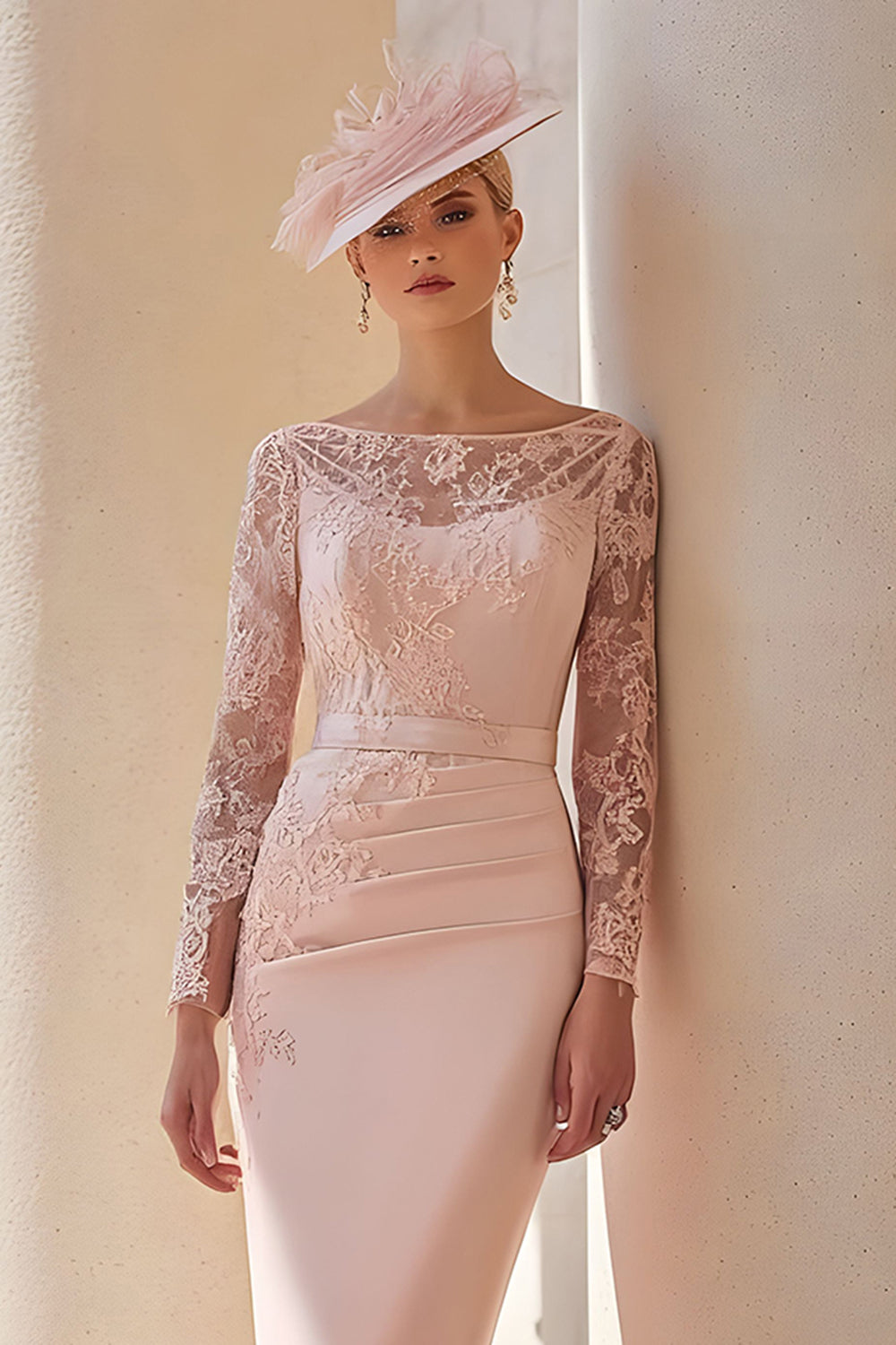 Blush Pink Pencil Lace Midi Mother Of The Bride Dress