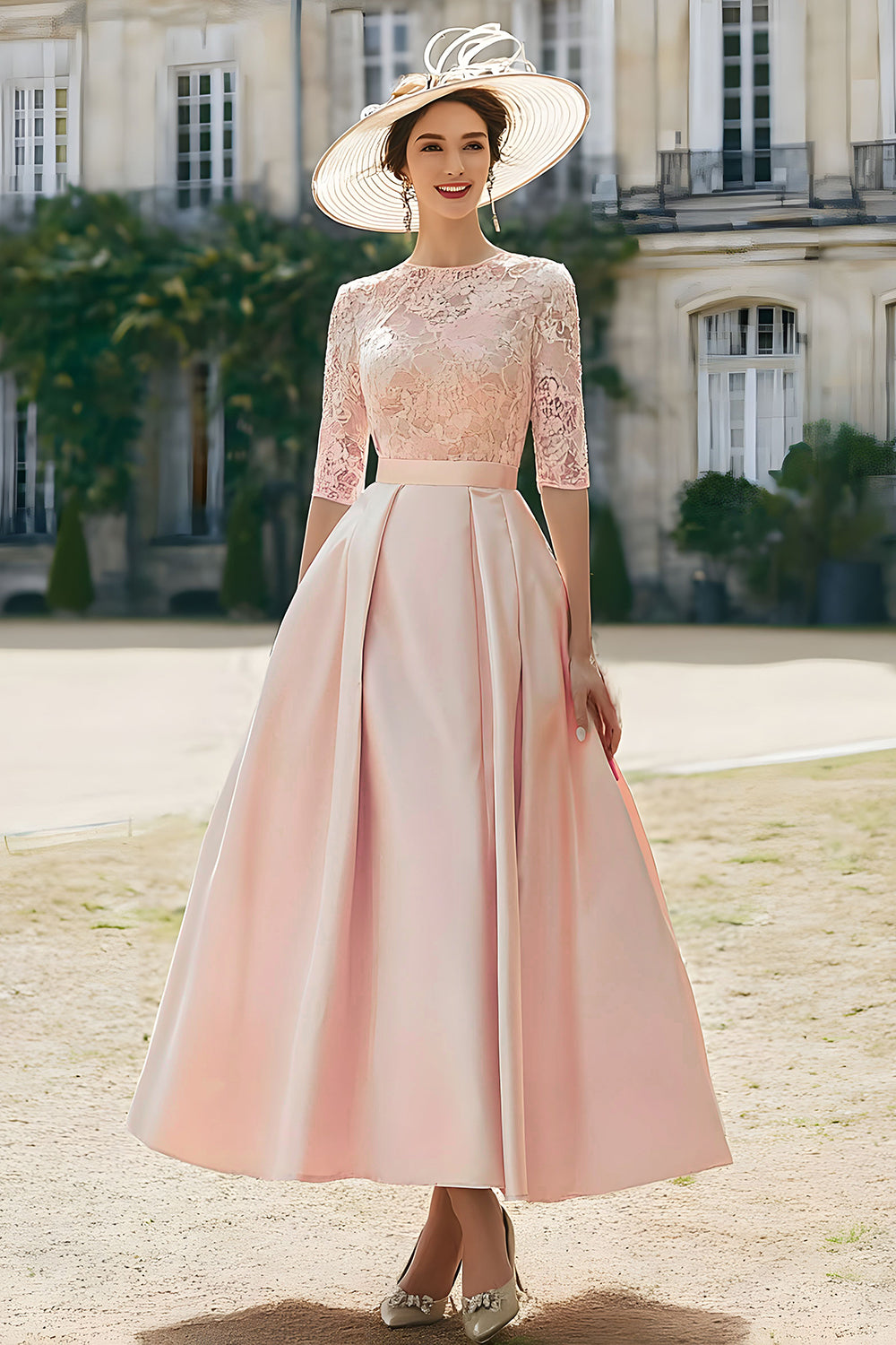 Blush Pink Satin A-Line Mother Of The Bride Dress With Lace