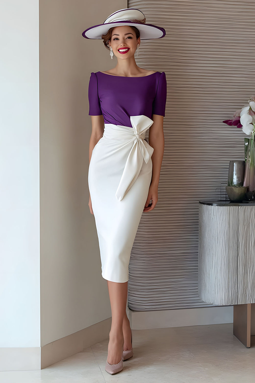 Pencil Grape Midi Mother Of The Bride Dress With Bow