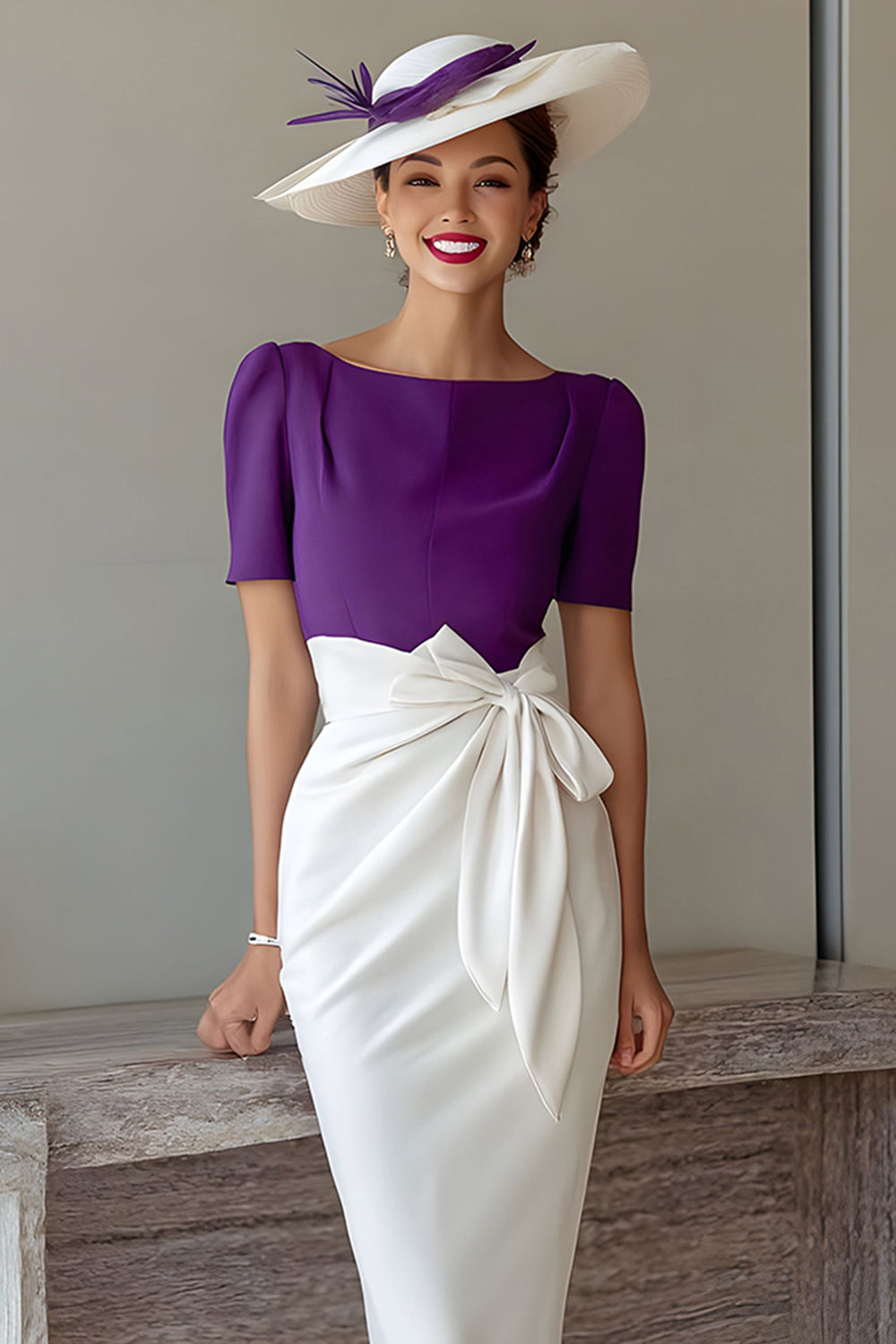 Pencil Grape Midi Mother Of The Bride Dress With Bow