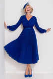 Dark Blue Pleated A-Line Midi Mother Of The Bride Dress with Long Sleeves