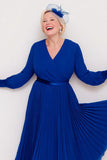 Dark Blue Pleated A-Line Midi Mother Of The Bride Dress with Long Sleeves
