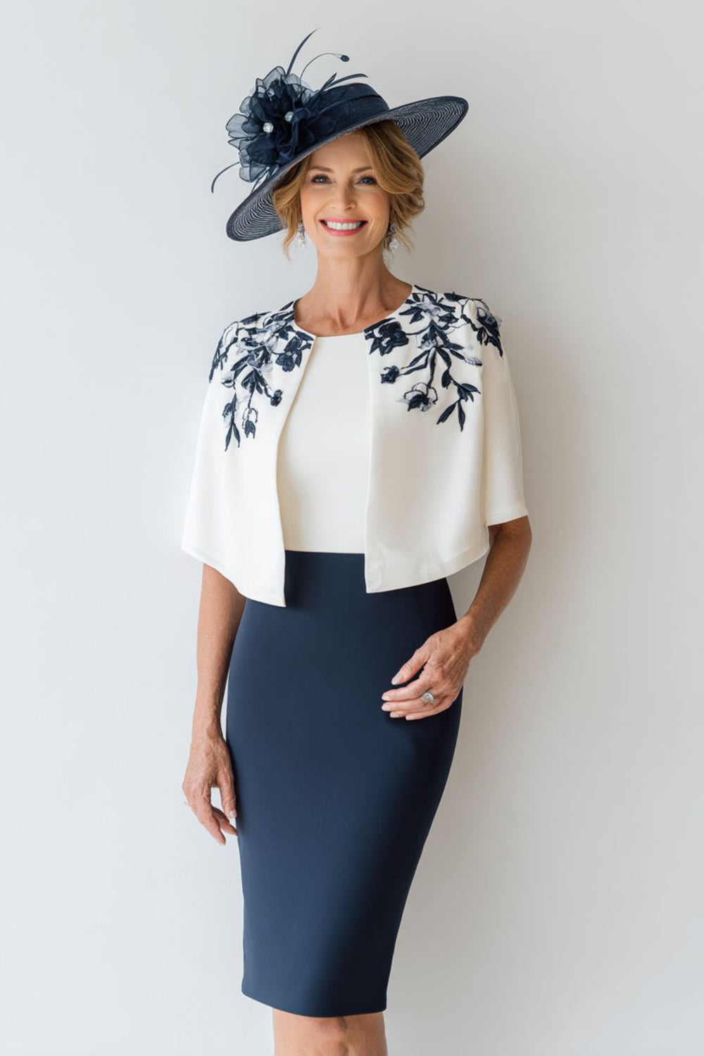 Navy Pencil Midi Mother Of The Bride Dress With Appliques