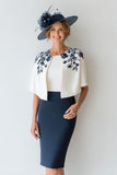 Navy Pencil Midi Mother Of The Bride Dress With Appliques