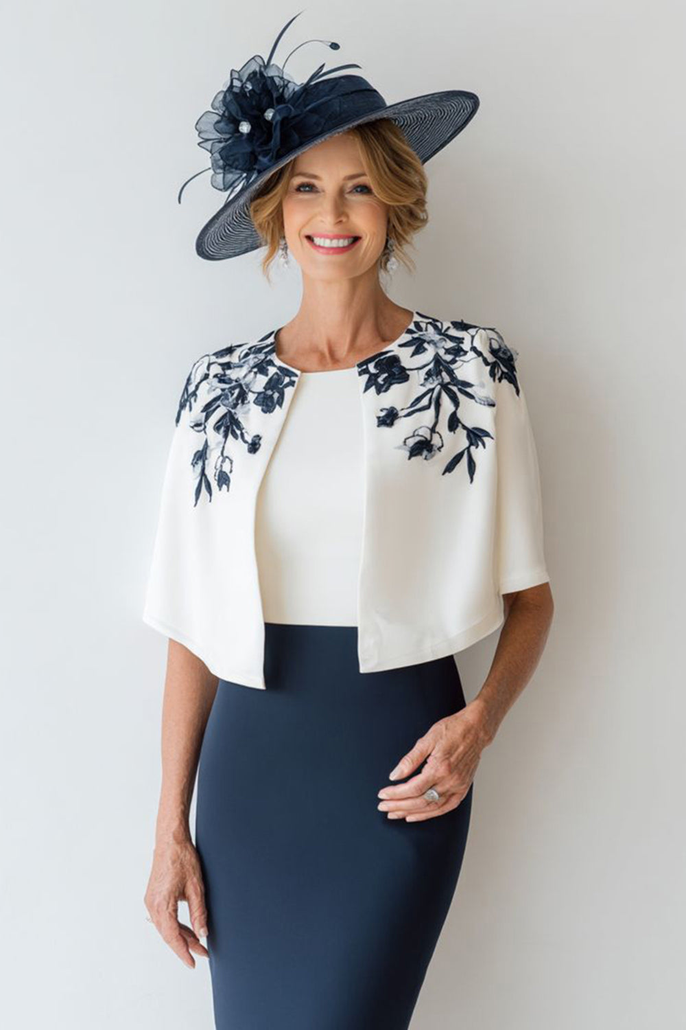 Navy Pencil Midi Mother Of The Bride Dress With Appliques