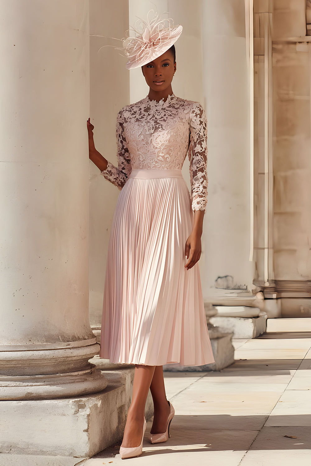 Blush Pink Pleated A-Line Midi Mother Of The Bride Dress With Lace
