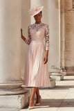 Blush Pink Pleated A-Line Midi Mother Of The Bride Dress With Lace