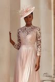 Blush Pink Pleated A-Line Midi Mother Of The Bride Dress With Lace