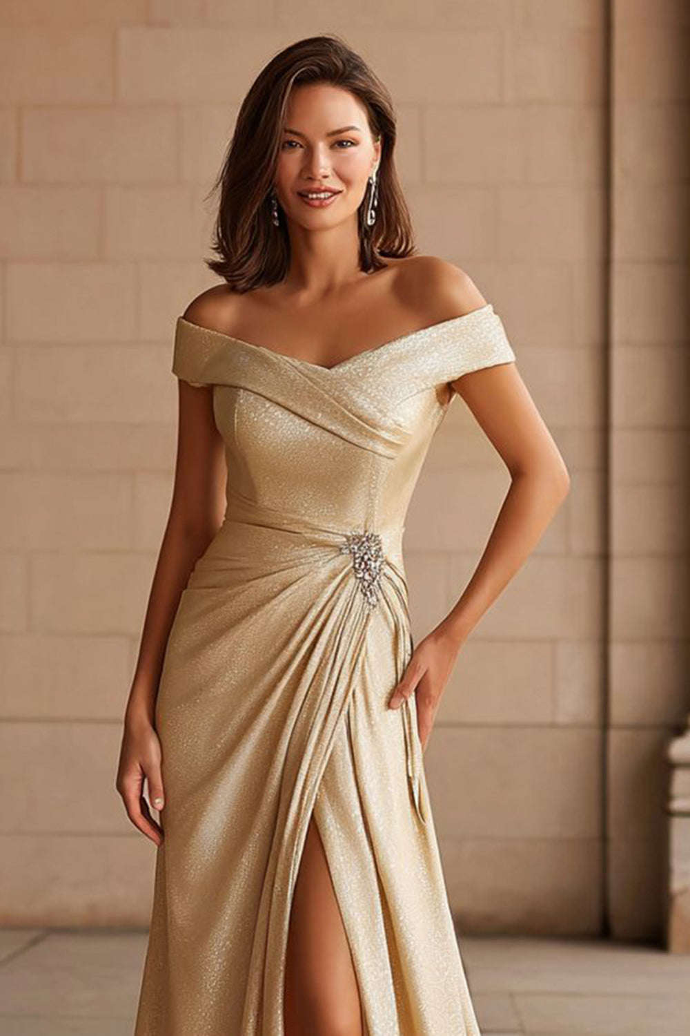Champagne Off The Shoulder Maxi Dress With Slit