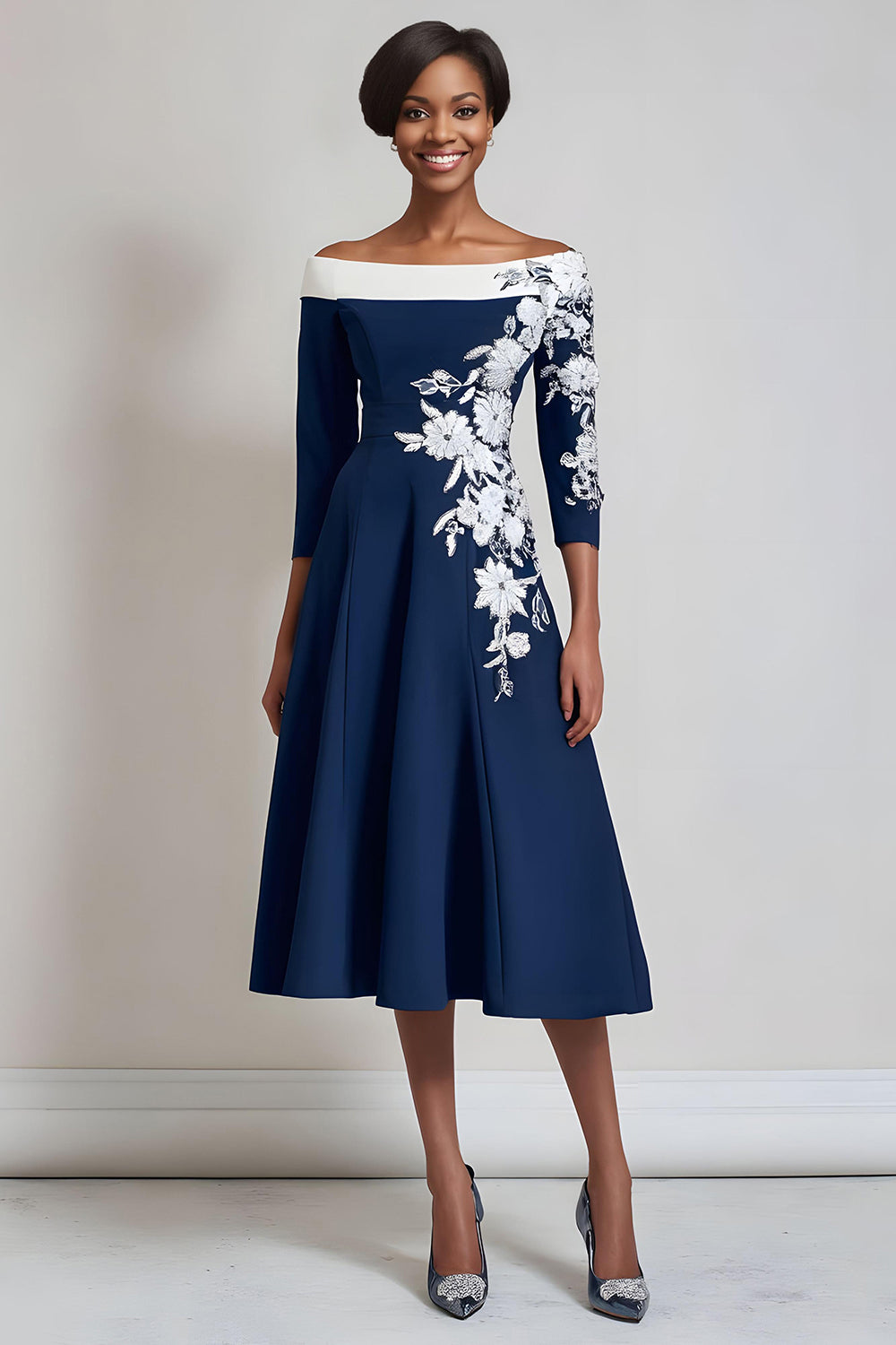 Navy A-Line Floral Appliqued Midi Mother Of The Bride Dress