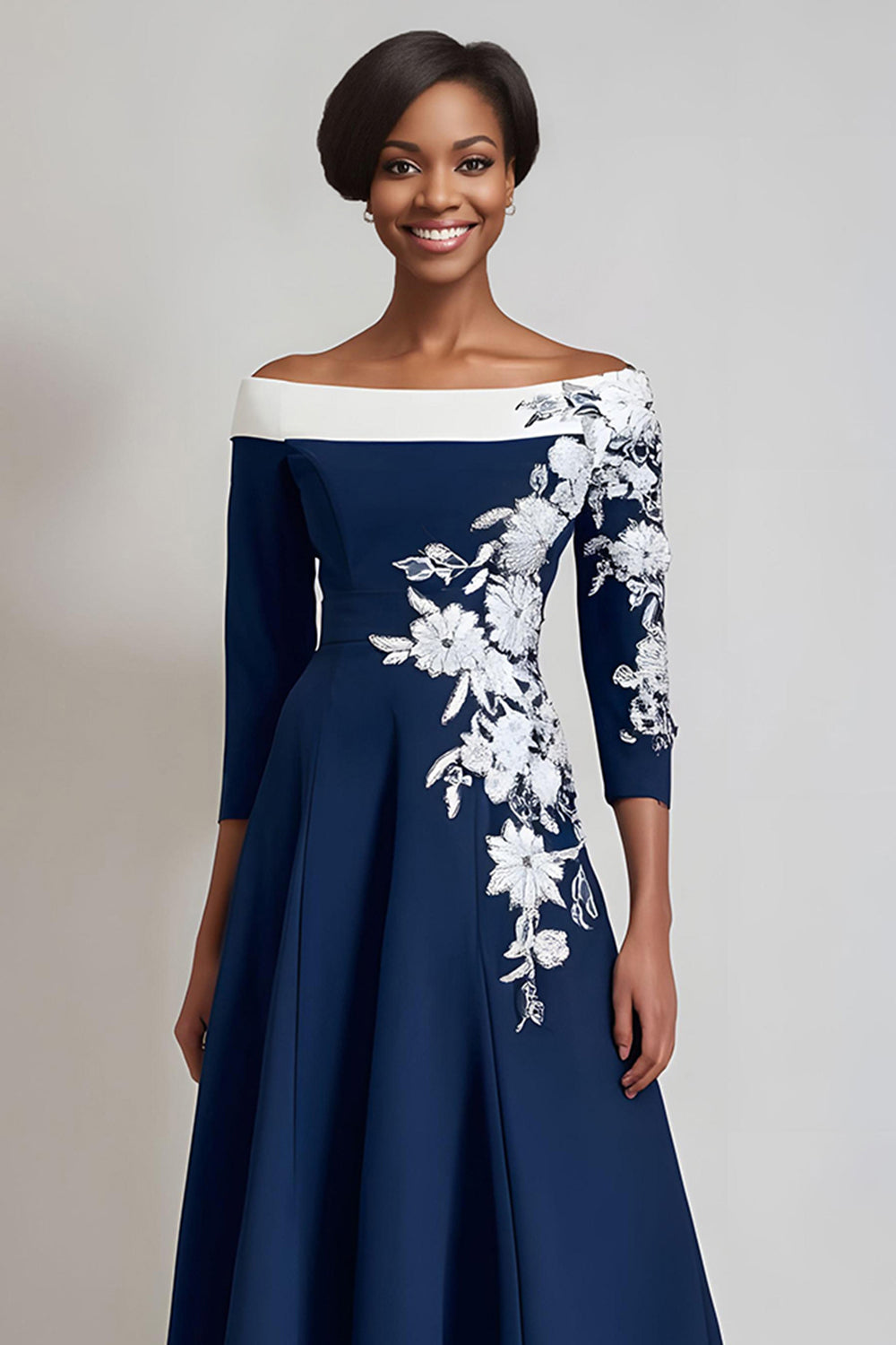 Navy A-Line Floral Appliqued Midi Mother Of The Bride Dress