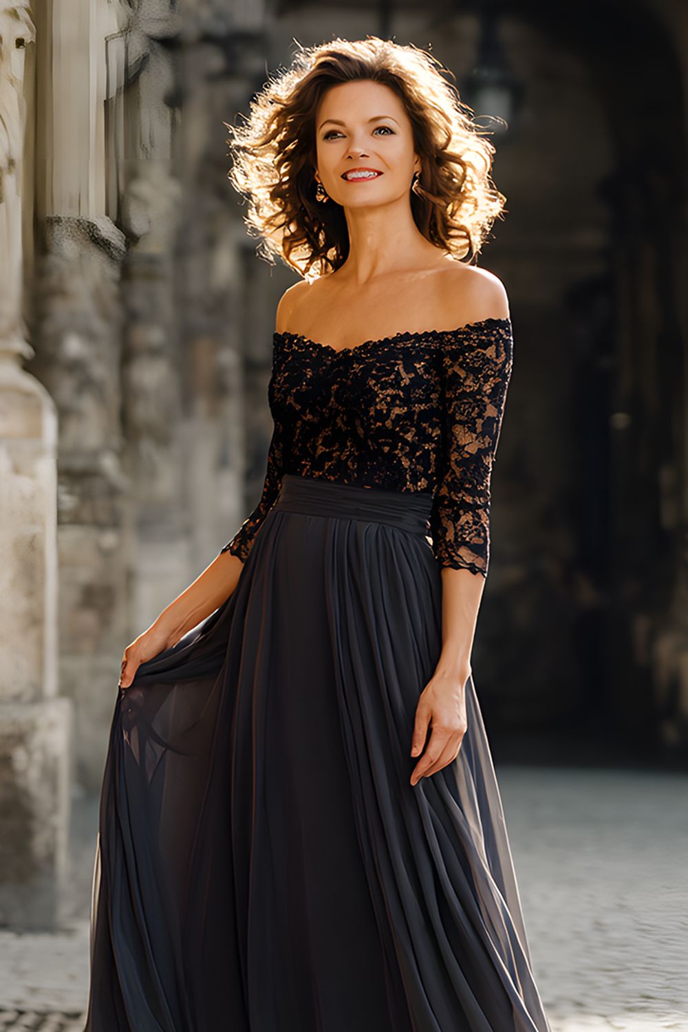 Black Off The Shoulder Mother Of The Bride Dress With Lace