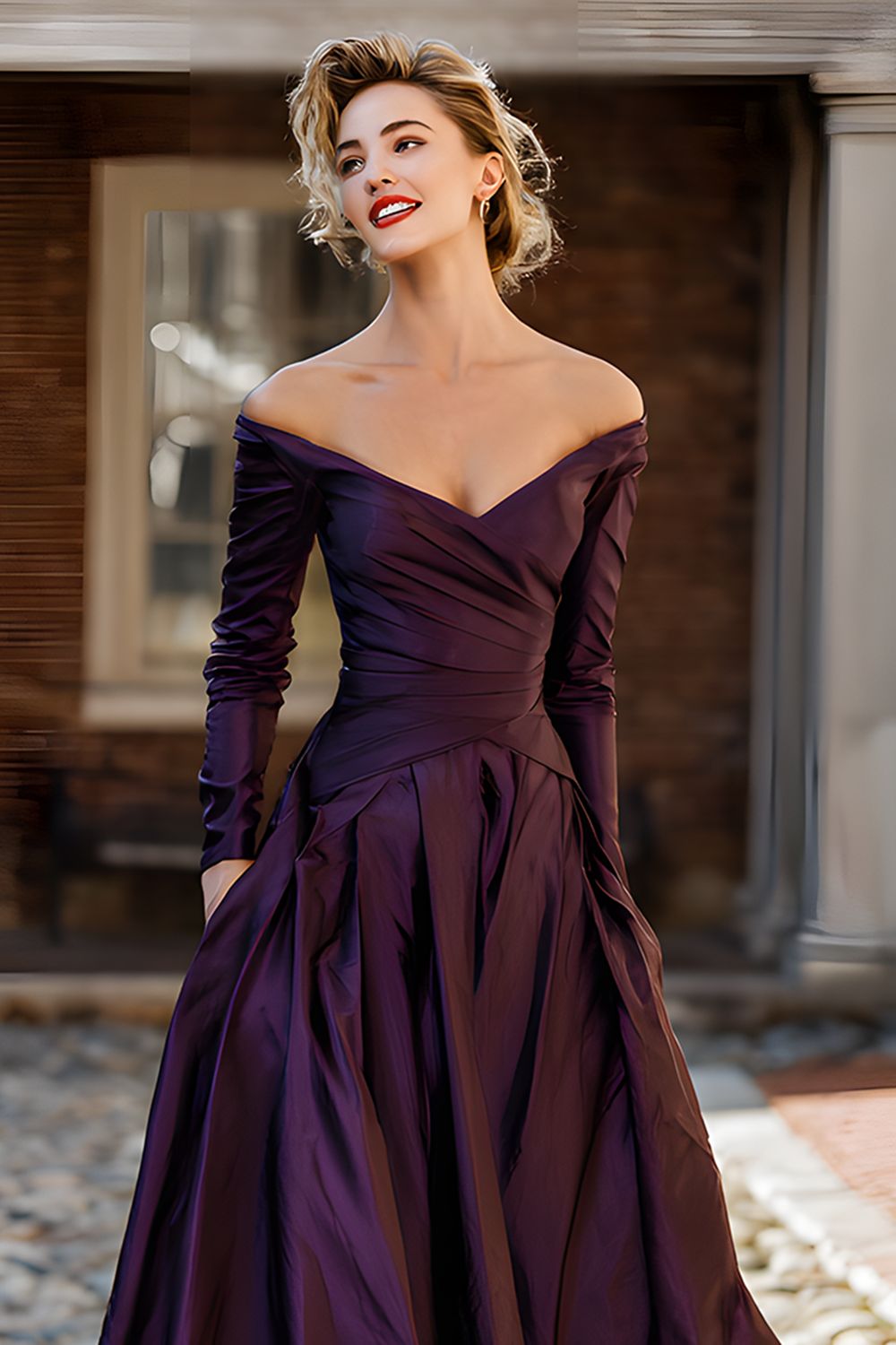 Plum A-Line Off the Shoulder Maxi Dress