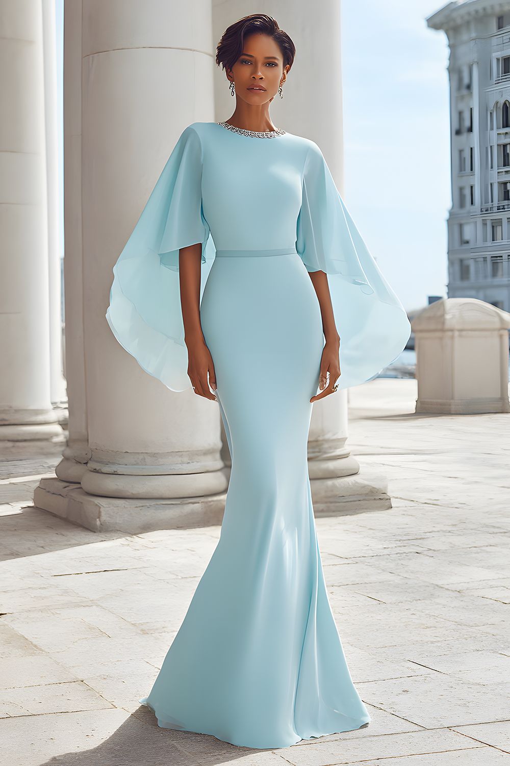 Mermaid Light Blue Mother Of The Bride Dress With Cape