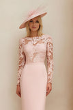 Blush Pink Pencil Midi Mother Of The Bride Dress With Lace