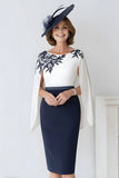 Navy Floral Cape Sleeve Pencil Mother of the Bride Dress