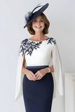 Navy Floral Cape Sleeve Pencil Mother of the Bride Dress
