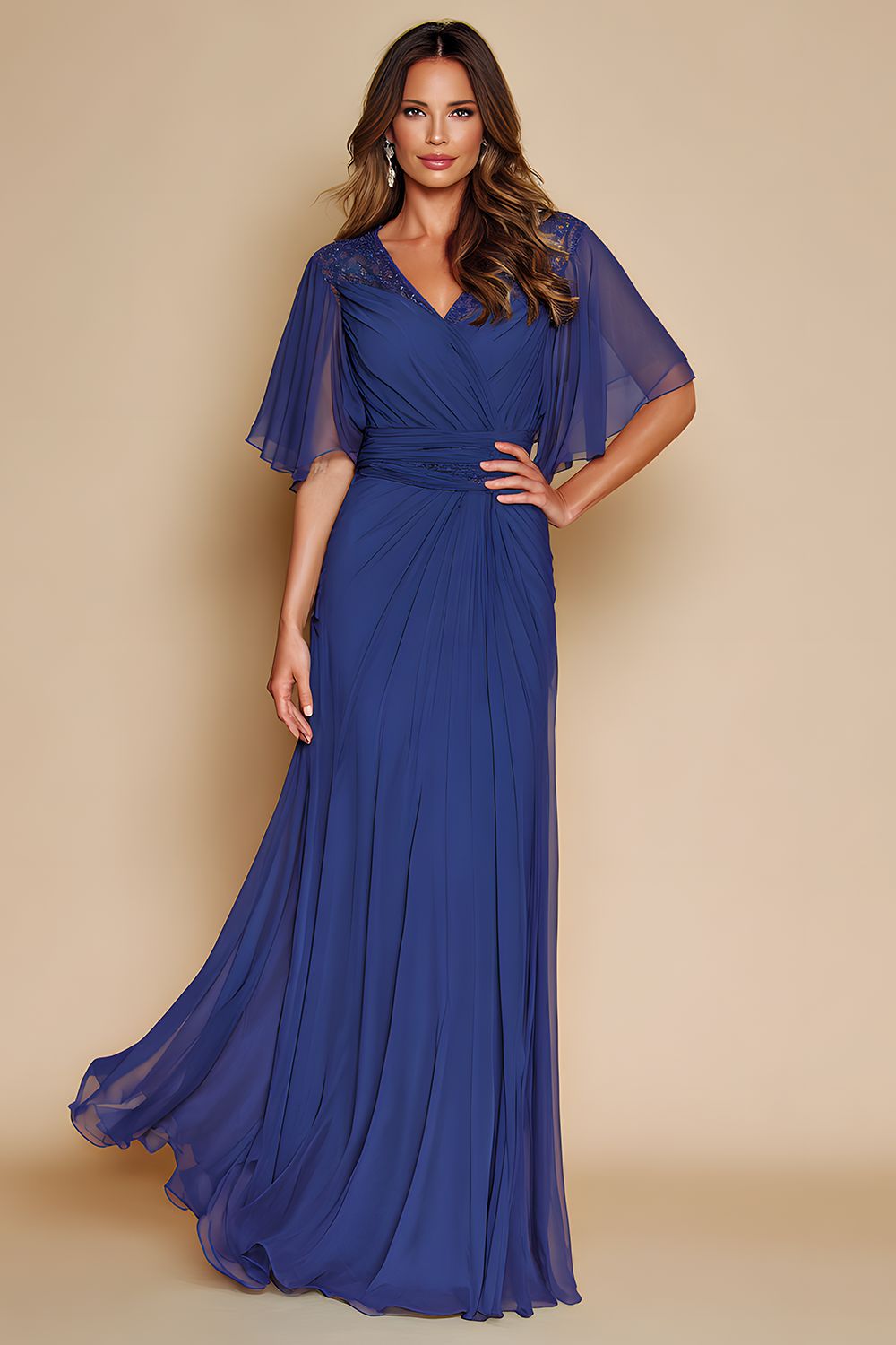 Dark Blue V-Neck Ruched Mother Of The Bride Dress