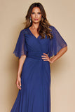Dark Blue V-Neck Ruched Mother Of The Bride Dress