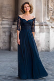 Off the Shoulder A-Line Navy Mother Of The Bride Dress With Lace