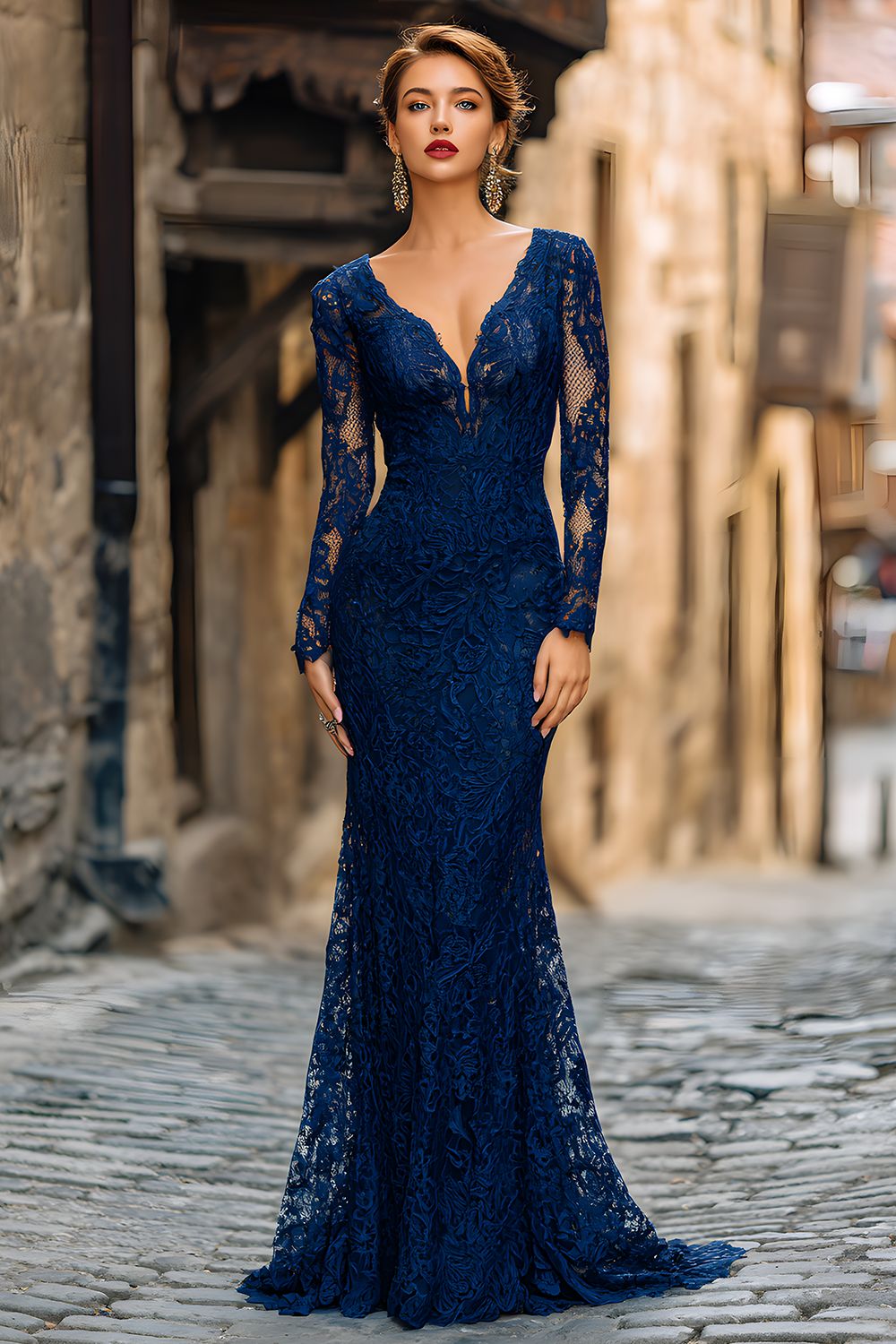 Mermaid Lace V-Neck Navy Mother Of The Bride Dress with Long Sleeves