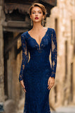 Mermaid Lace V-Neck Navy Mother Of The Bride Dress with Long Sleeves