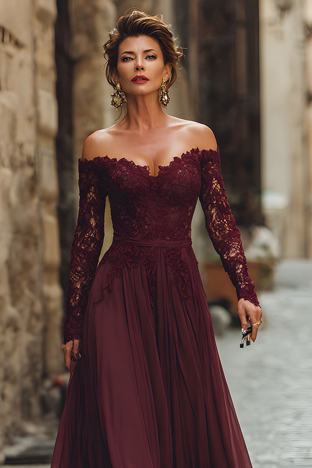 Cabernet A-Line Off the Shoulder Mother Of The Bride Dress With Lace