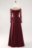 Cabernet A Line Long Sleeve Chiffon Mother Of the Bride Dress with Appliques