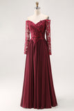 Cabernet A Line Long Sleeve Chiffon Mother Of the Bride Dress with Appliques