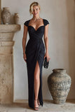 Black Sheath Ruched Long Formal Dress With Slit