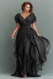 Navy A-Line Chiffon Ruched Maxi Dress With Flutter Sleeves