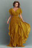 Navy A-Line Chiffon Ruched Maxi Dress With Flutter Sleeves